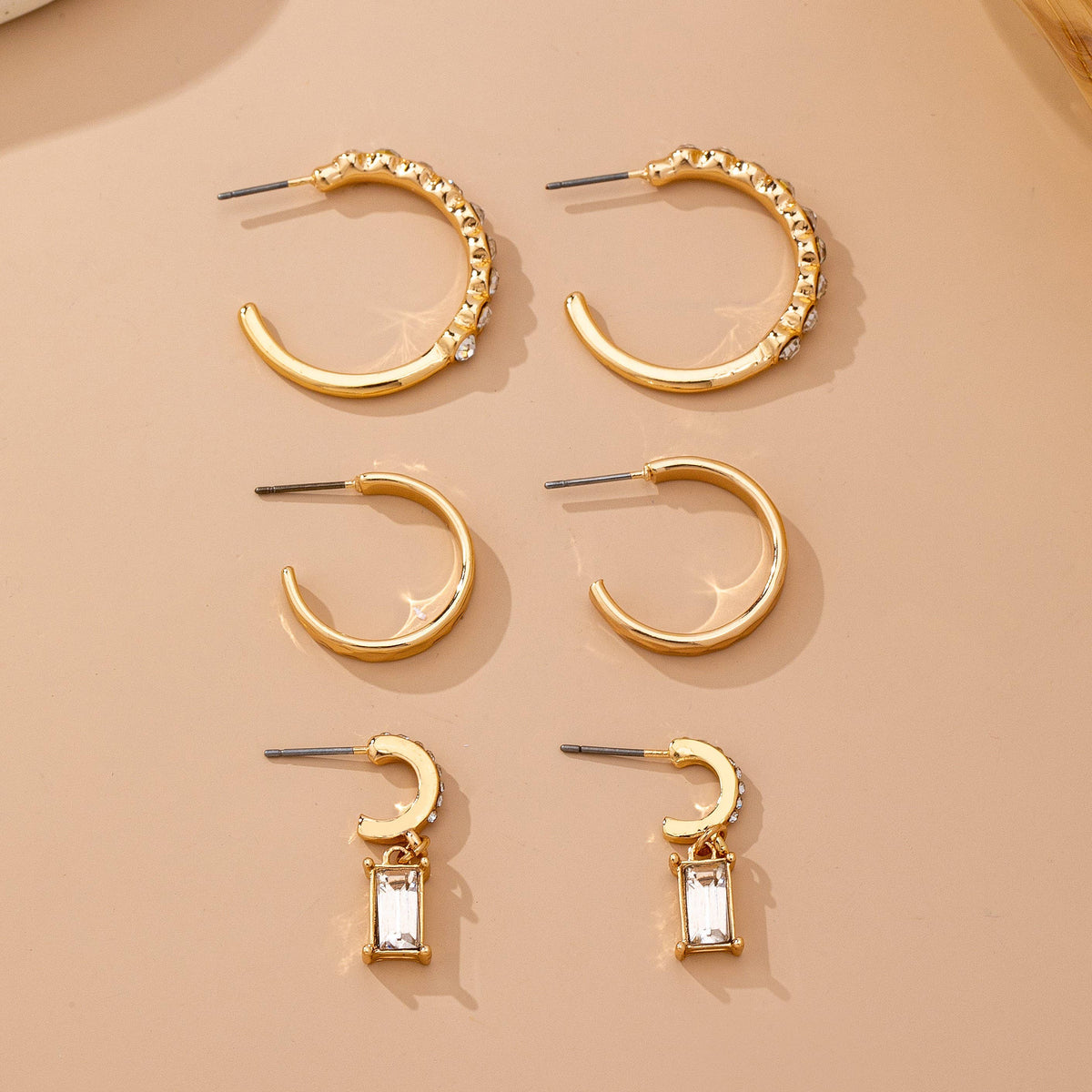 Gold Crystal-Accented Hoop Trio Earrings