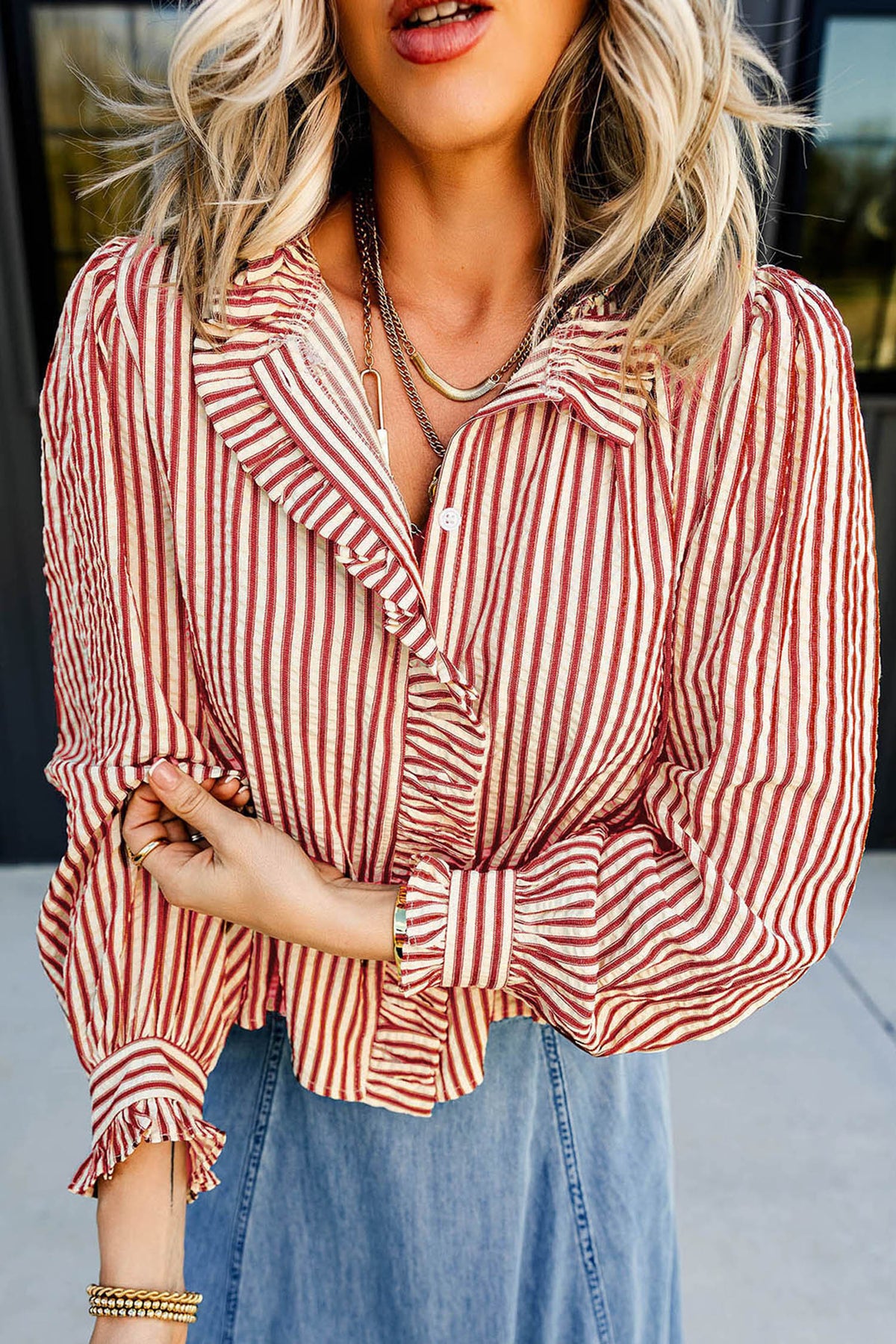 Striped Ruffle Trim Button-Up