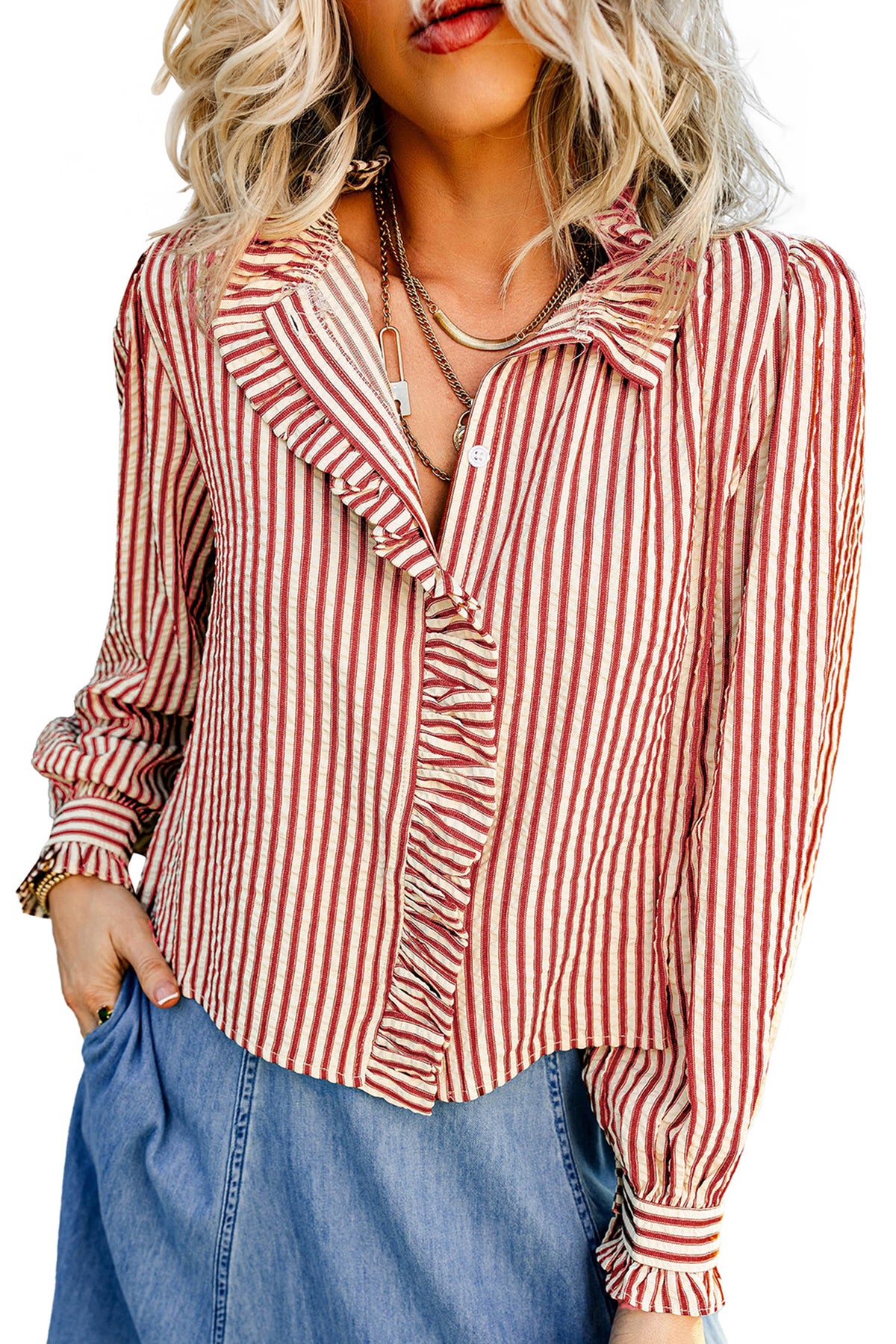 Striped Ruffle Trim Button-Up