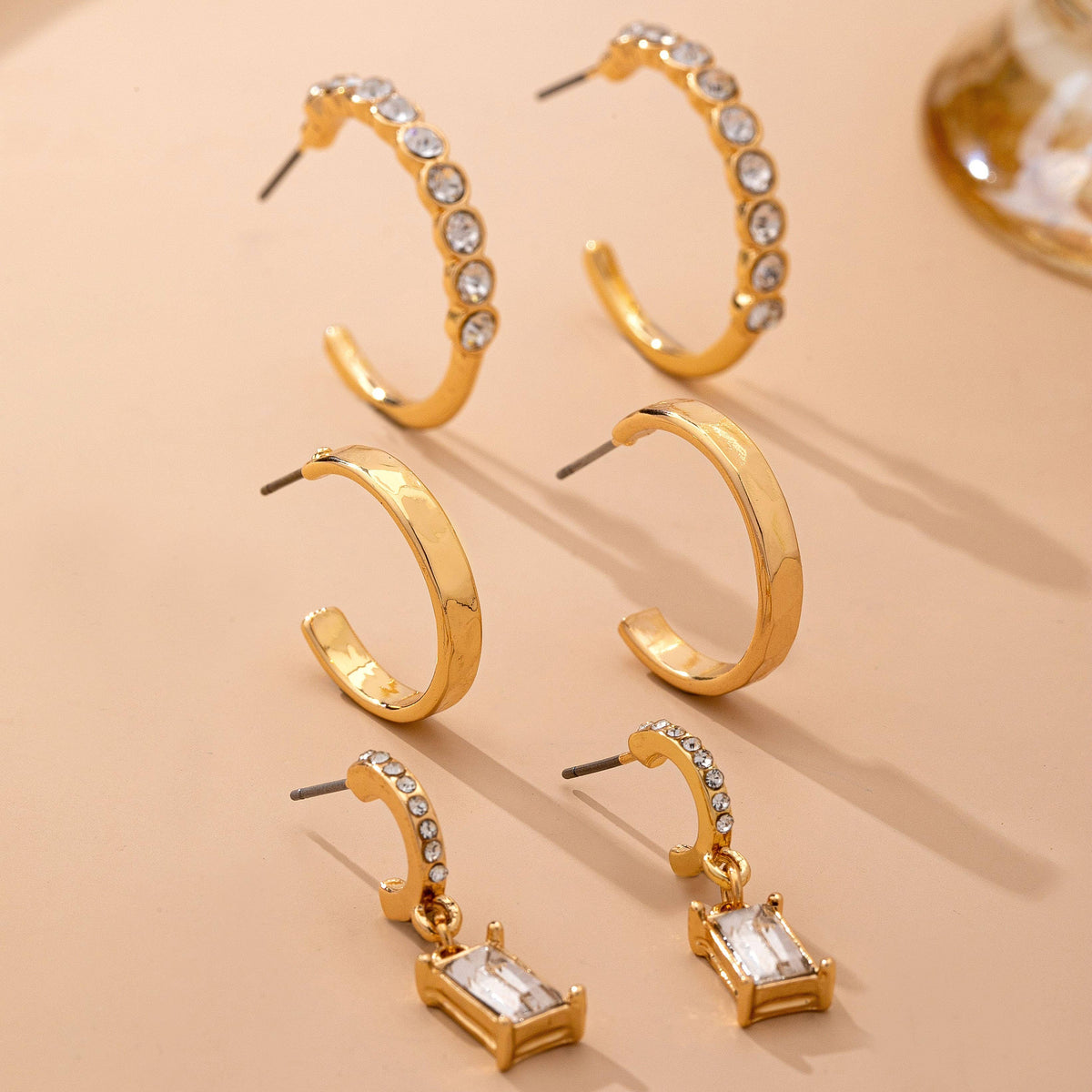 Gold Crystal-Accented Hoop Trio Earrings