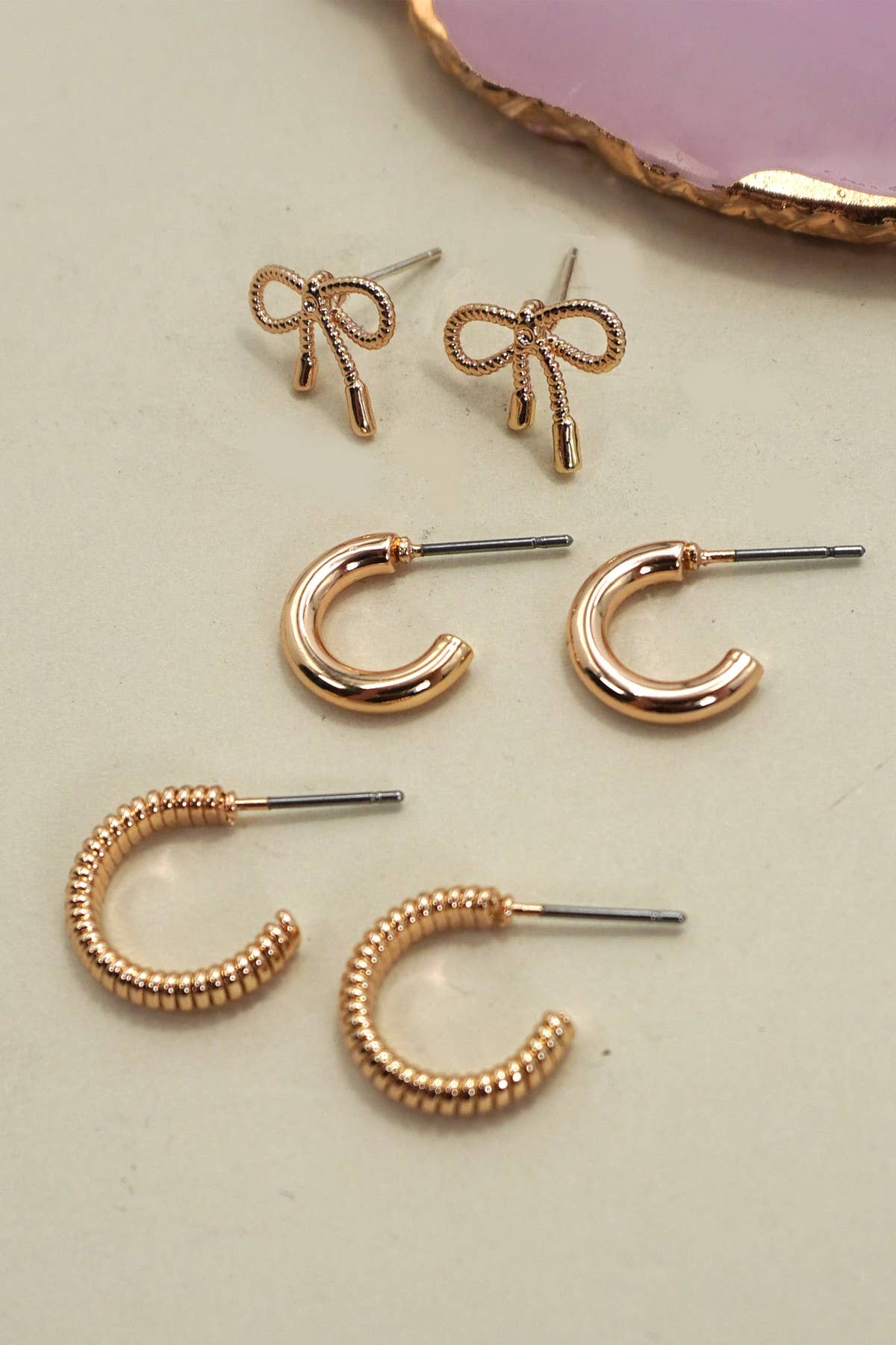 Gold Mini Bow and Hoop Trio Earrings